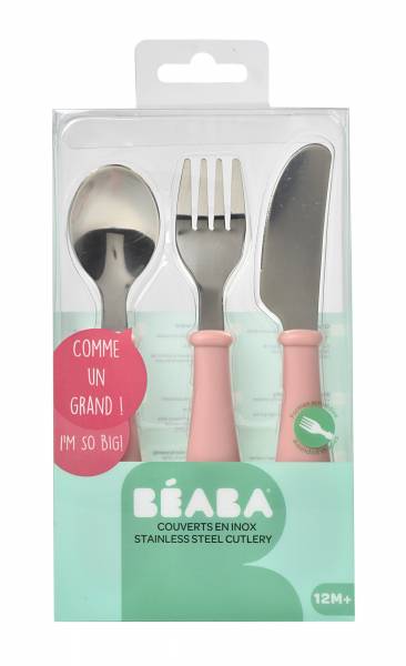 BEABA Cutlery Stainless Steel Set x3 - Old Pink