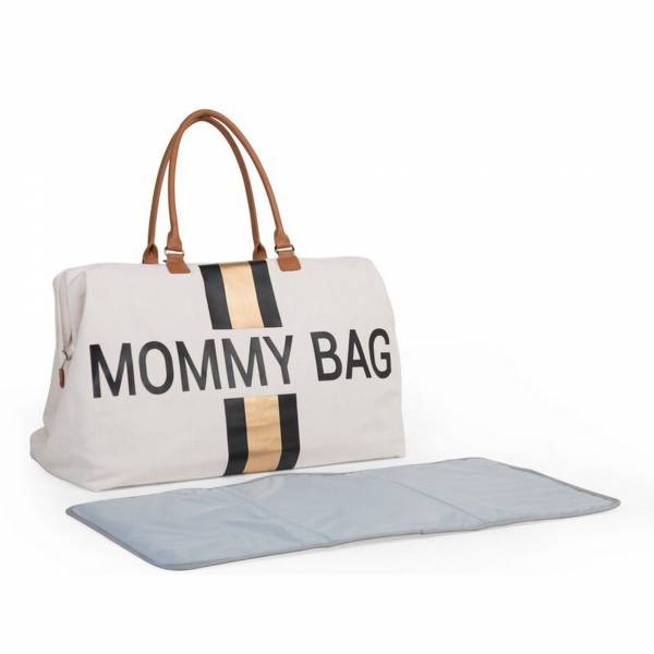 CHILDHOME Mommy Bag Big Canvas OffWhite - Stripes Black/Gold