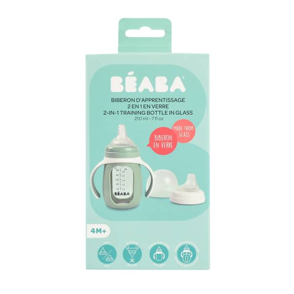 BEABA Glass Bottle + Silicone Sleeve 210ml - Sage Green
