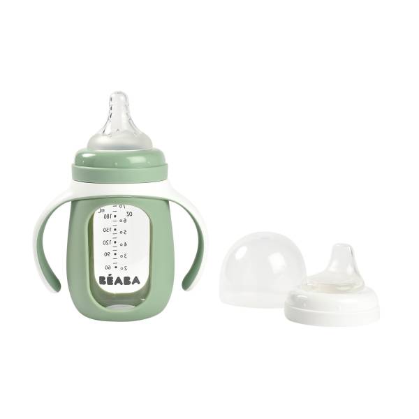 BEABA Glass Bottle + Silicone Sleeve 210ml - Sage Green
