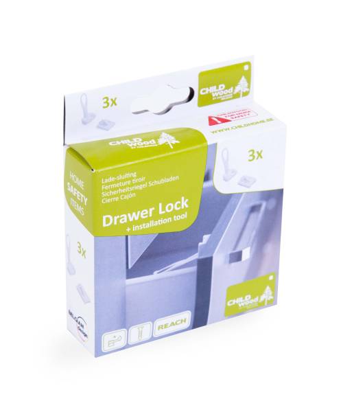 CHILDHOME Safe Drawer Lock + Installation Tool 3pcs - White