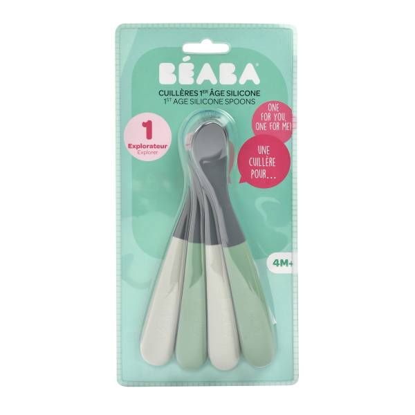 BEABA Spoon 2nd Age Silicone Spoon Set x4 - Mineral Grey/Sagegreen