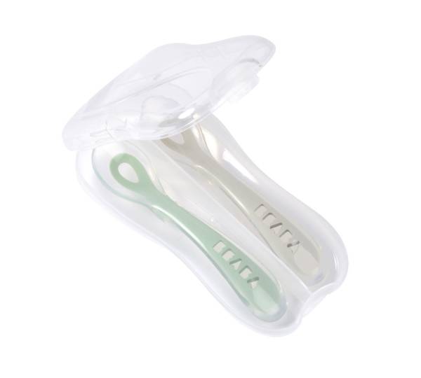 BEABA Spoon 2nd Age Silicone Spoon Set x2- VelvetGrey/Sage green