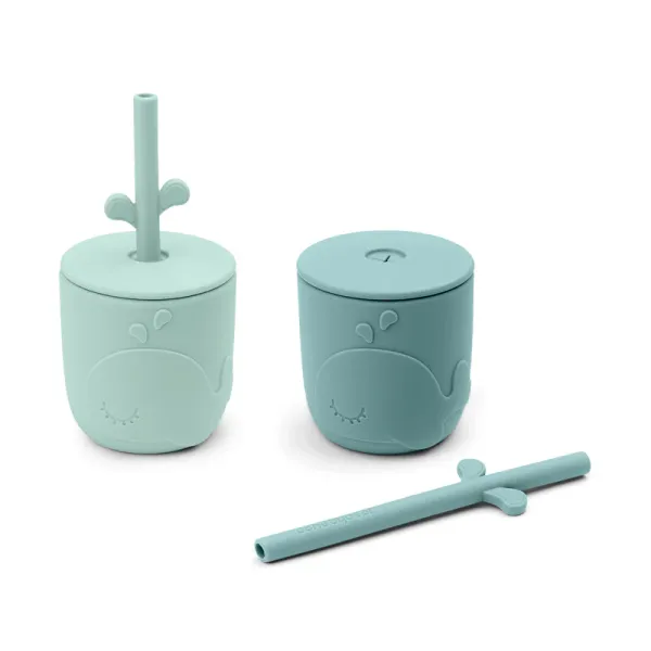 DONE BY DEER Peekaboo Straw Cup 2pcs Wally - Blue